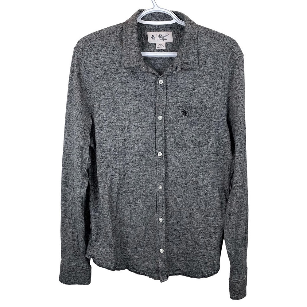 Penguin sz L Dark Grey Marled Soft Jersey Knit Long Sleeve Button Up Men’s Shirt